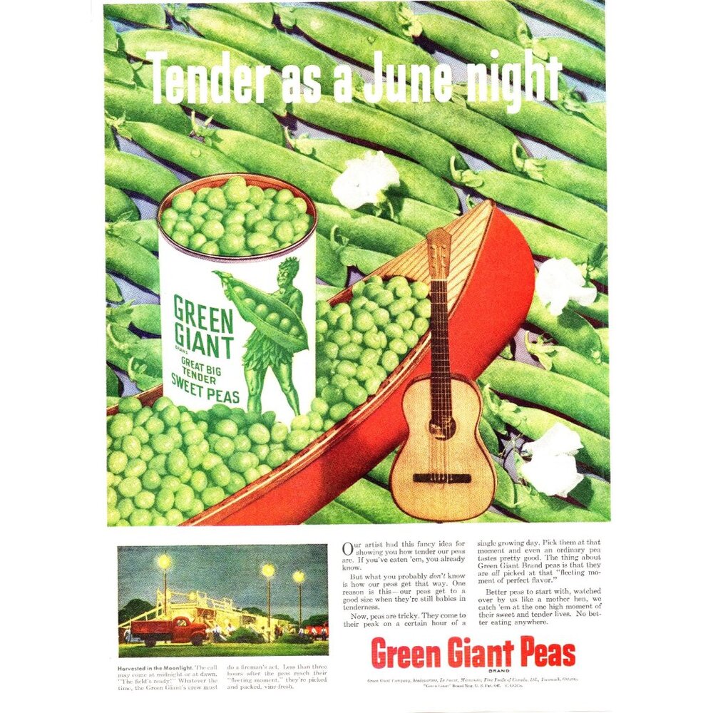 1951 Green Giant Canned Peas Vintage Print Ad Wooden Canoe Guitar 50s Wall Art